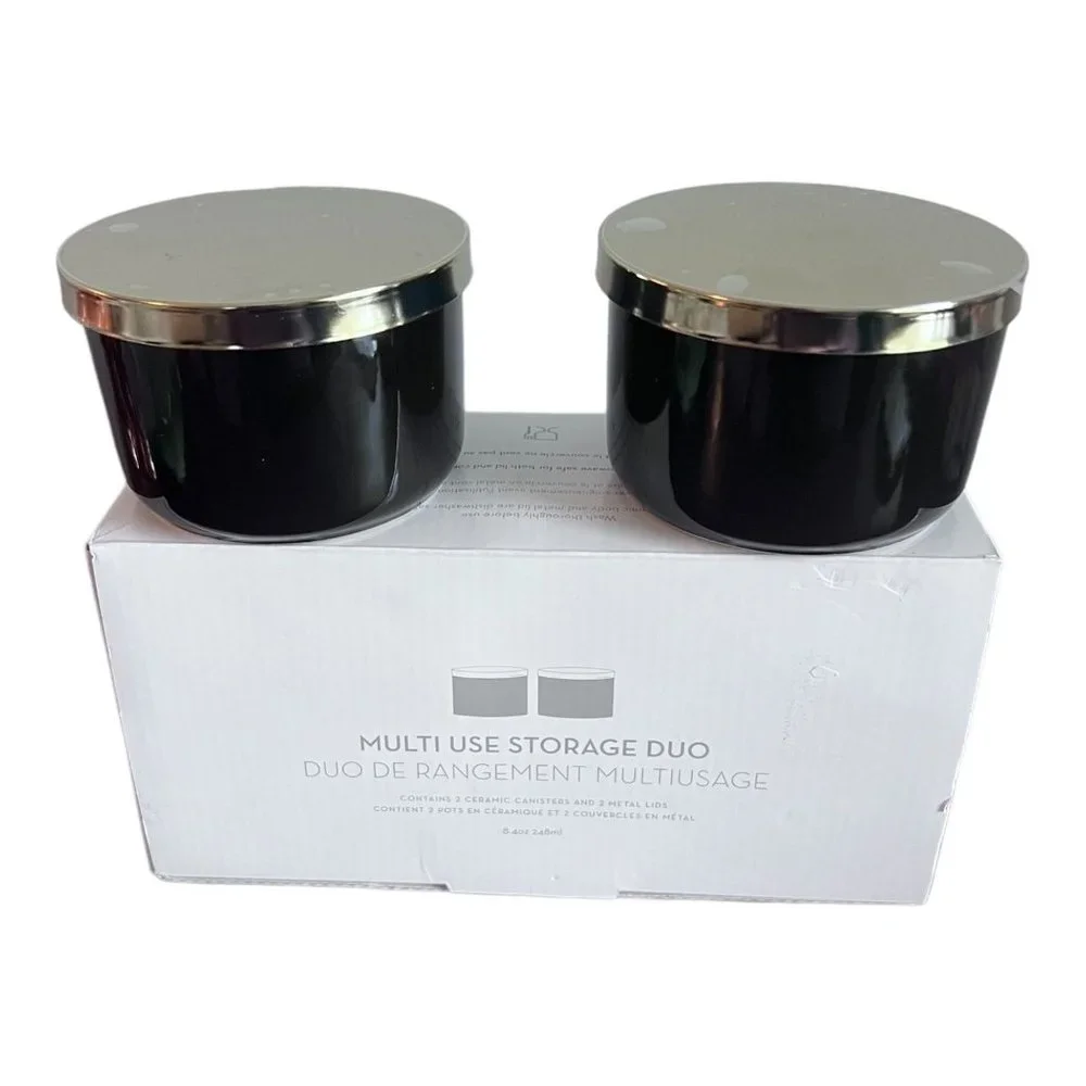 Z Gallerie Storage Duo Set Of 2 Ceramic Canisters Metal Lids 2.5x4 in 8.4oz NEW